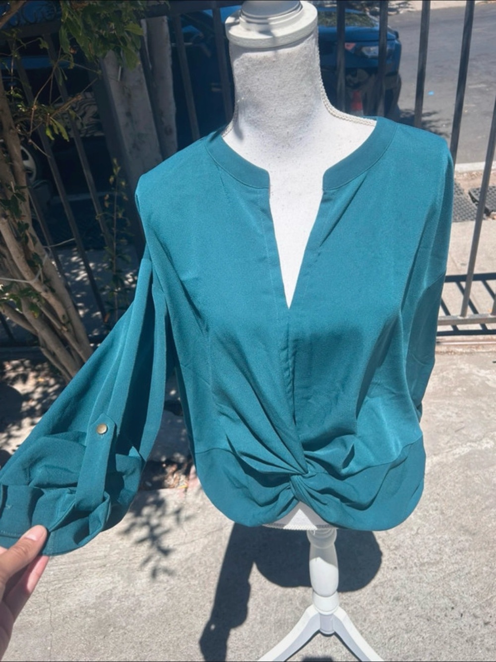 Teal Knot-Front V-Neck Blouse